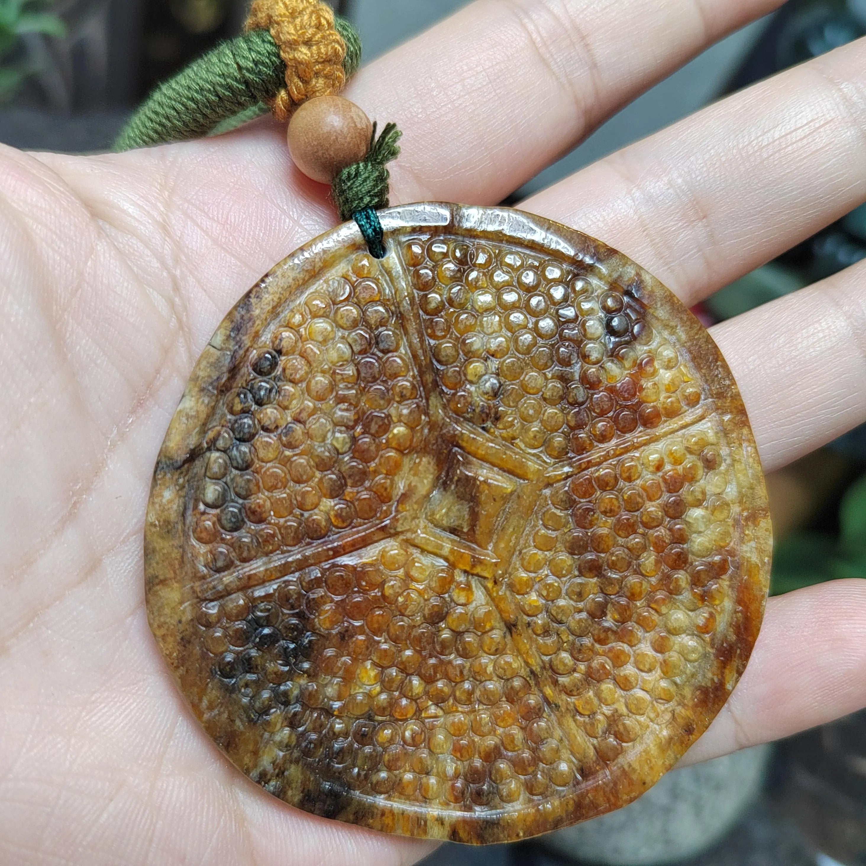 Certified Natural Hemo Jade Round Honeycomb Heaven‑Earth Design Pendant |段树林河磨玉老油黃皮火燎皮 SL487 SL Precious