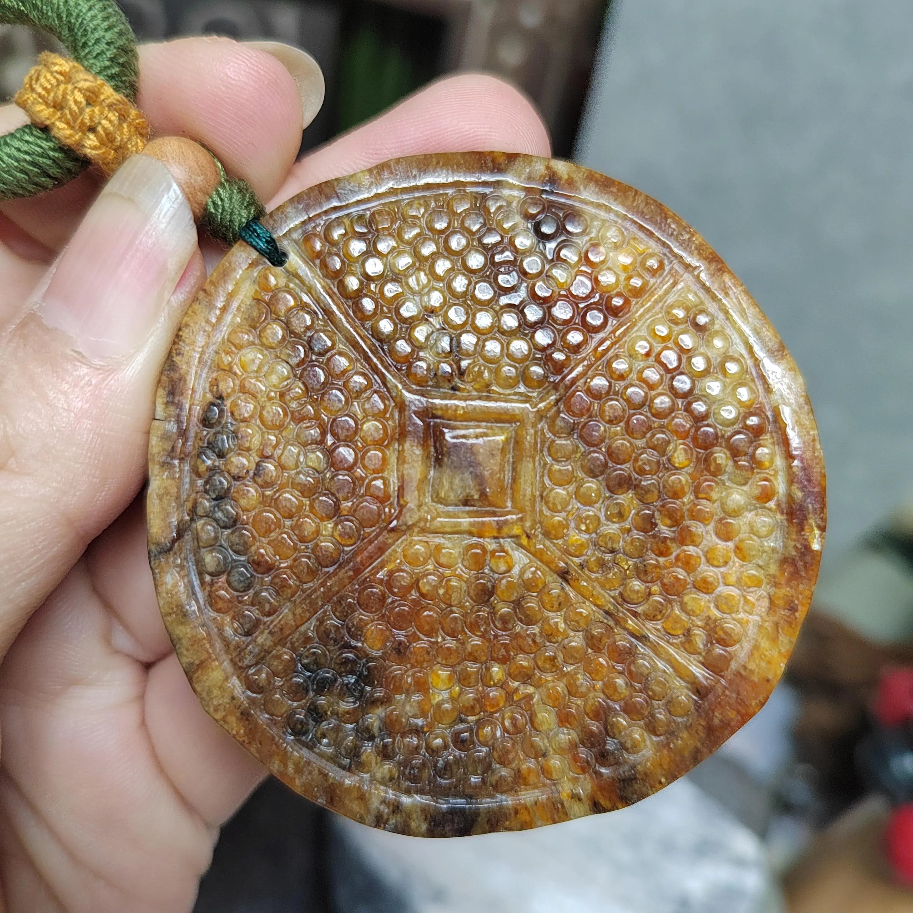 Certified Natural Hemo Jade Round Honeycomb Heaven‑Earth Design Pendant |段树林河磨玉老油黃皮火燎皮 SL487 SL Precious