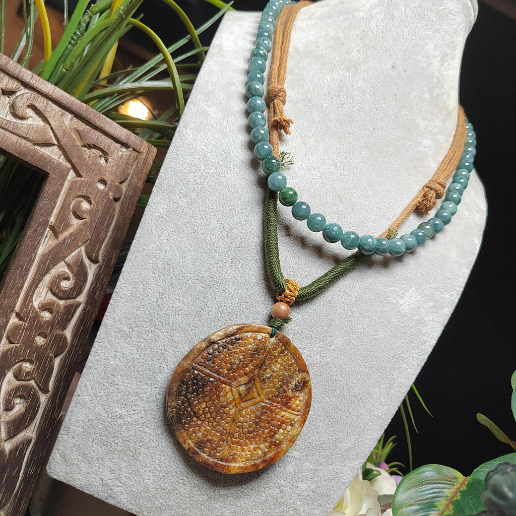Certified Natural Hemo Jade Round Honeycomb Heaven‑Earth Design Pendant |段树林河磨玉老油黃皮火燎皮 SL487 SL Precious