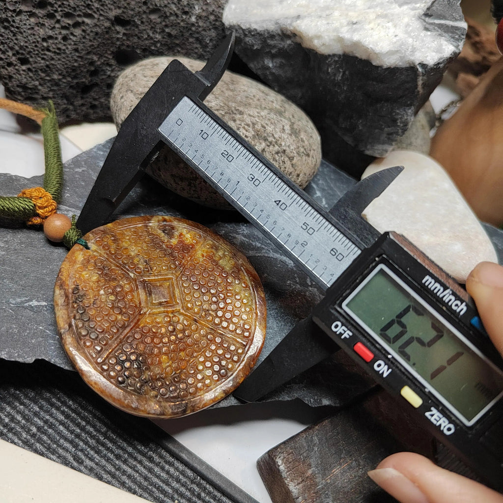 Certified Natural Hemo Jade Round Honeycomb Heaven‑Earth Design Pendant |段树林河磨玉老油黃皮火燎皮 SL487 SL Precious