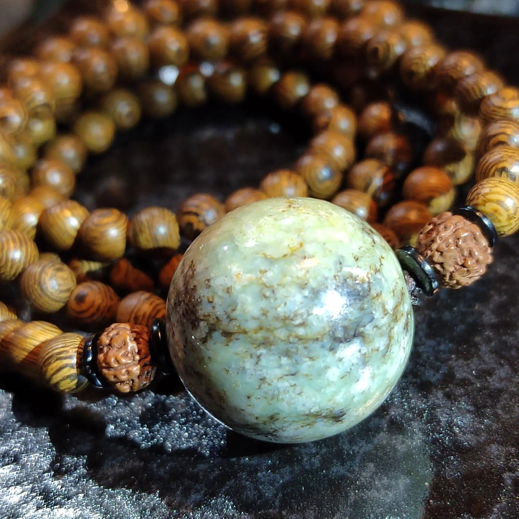 Certified Large Hemo Jade Bead with 108 Natural Wooden Prayer Beads | 25mm Centerpiece | 73cm Length | Rare Xiuyan River Jade SL507 SL Precious