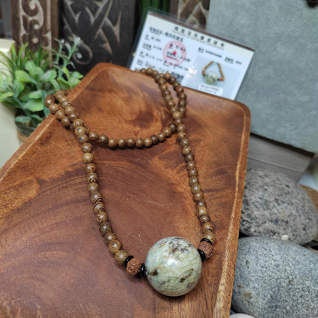 Certified Large Hemo Jade Bead with 108 Natural Wooden Prayer Beads | 25mm Centerpiece | 73cm Length | Rare Xiuyan River Jade SL507 SL Precious