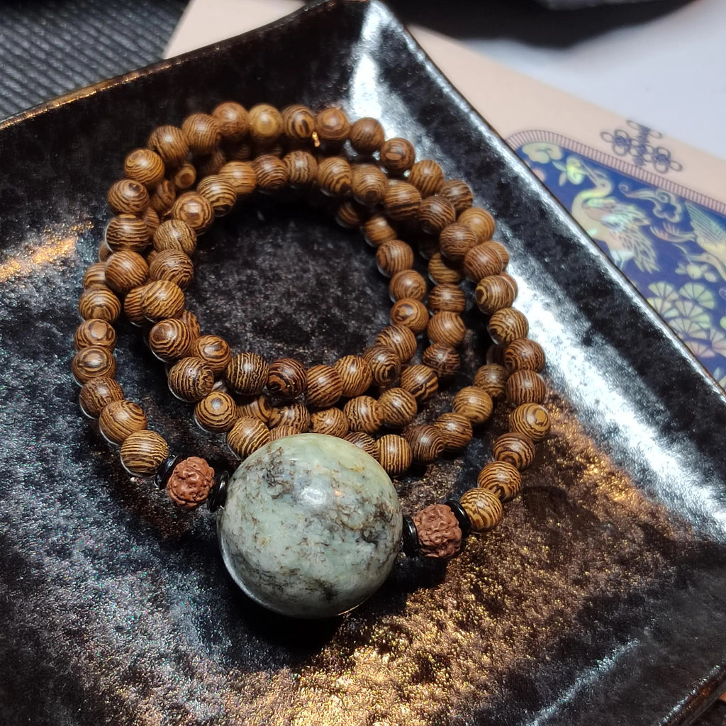 Certified Large Hemo Jade Bead with 108 Natural Wooden Prayer Beads | 25mm Centerpiece | 73cm Length | Rare Xiuyan River Jade SL507 SL Precious