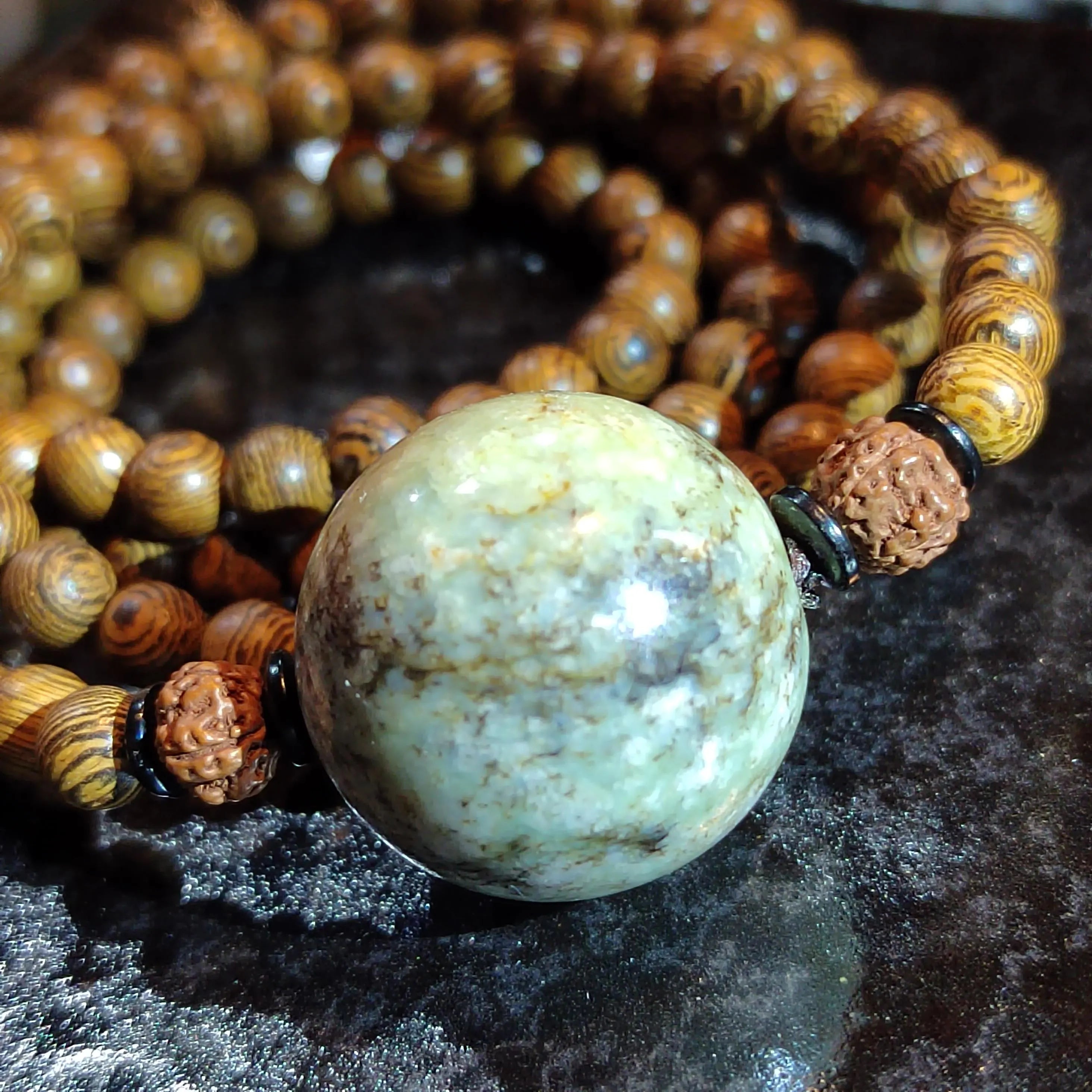 Certified Large Hemo Jade Bead with 108 Natural Wooden Prayer Beads | 25mm Centerpiece | 73cm Length | Rare Xiuyan River Jade SL507 SL Precious