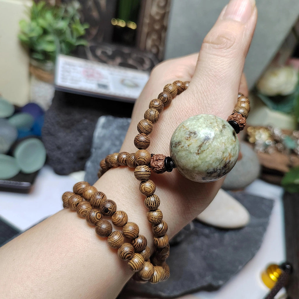 Certified Large Hemo Jade Bead with 108 Natural Wooden Prayer Beads | 25mm Centerpiece | 73cm Length | Rare Xiuyan River Jade SL507 SL Precious