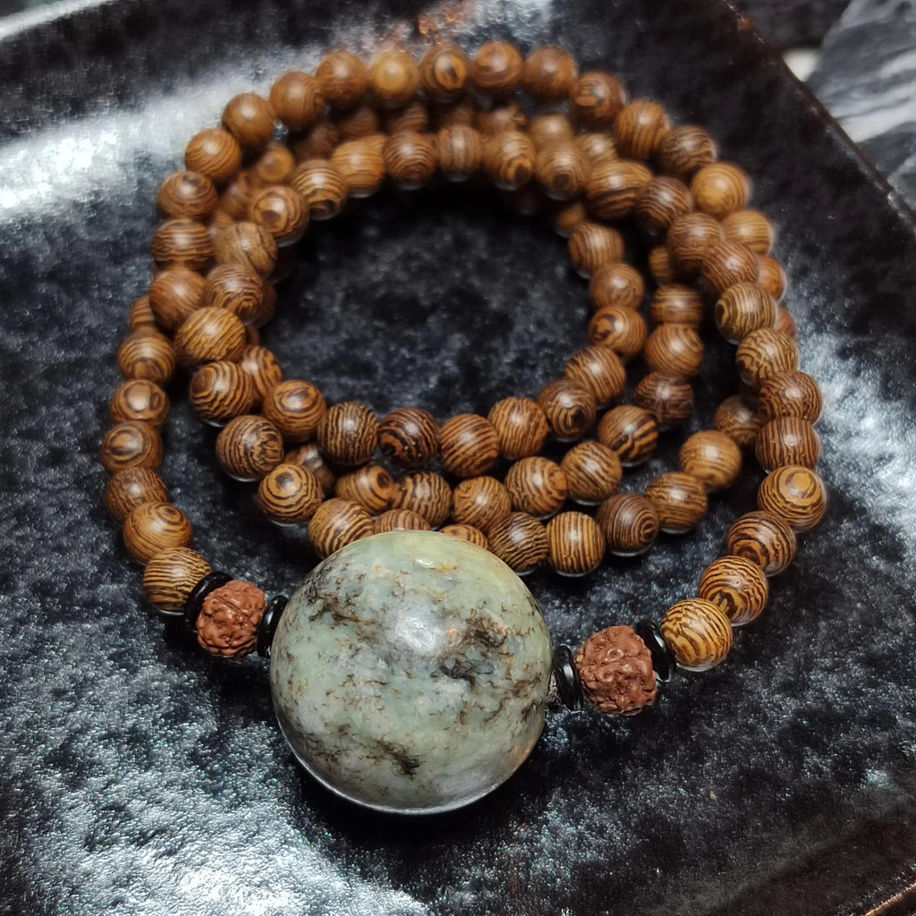 Certified Large Hemo Jade Bead with 108 Natural Wooden Prayer Beads | 25mm Centerpiece | 73cm Length | Rare Xiuyan River Jade SL507 SL Precious