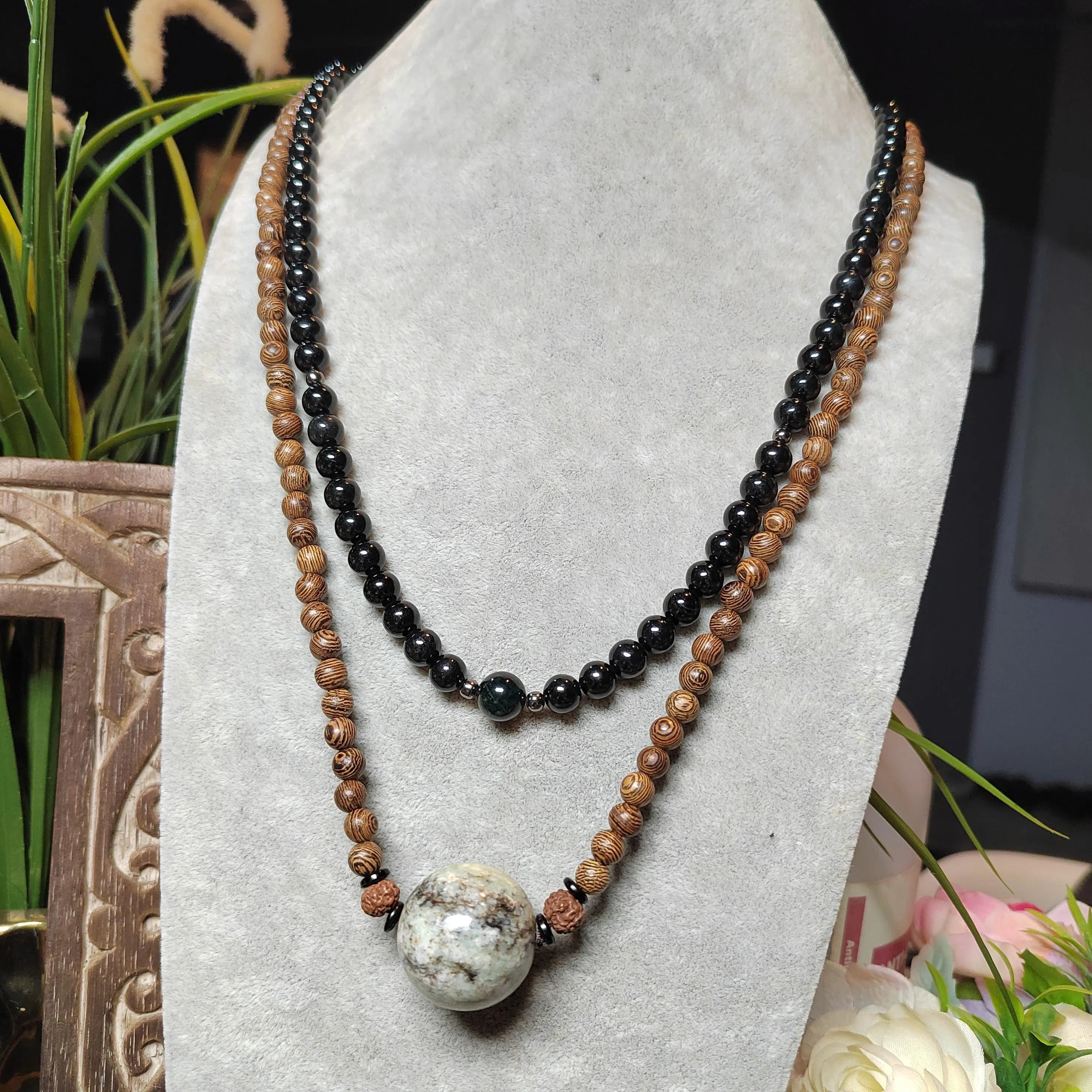 Certified Large Hemo Jade Bead with 108 Natural Wooden Prayer Beads | 25mm Centerpiece | 73cm Length | Rare Xiuyan River Jade SL507 SL Precious
