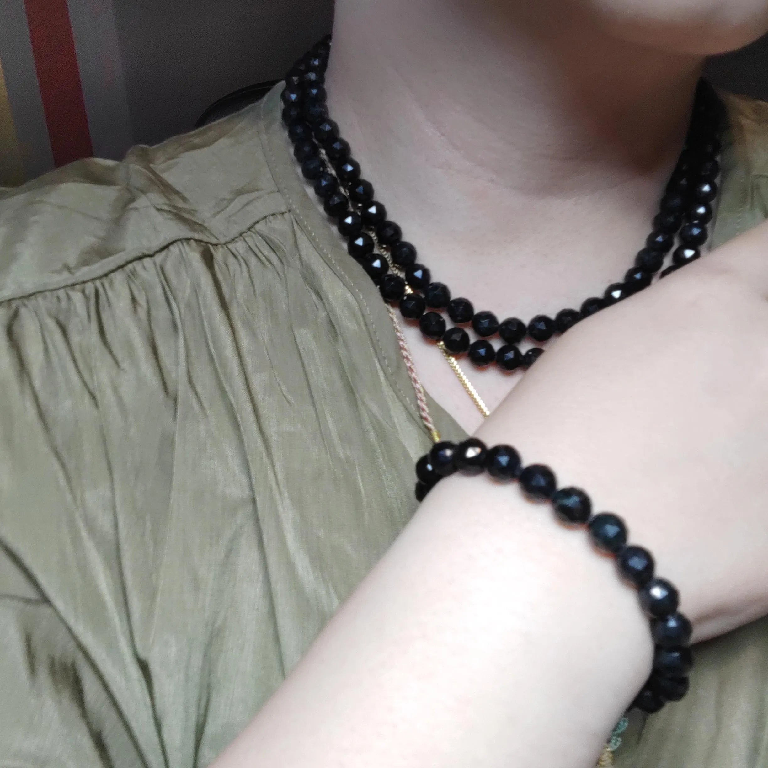 Burmese Black Jadeite Necklace Bracelet Set | Diamond-Cut Beads SL511 SL Precious