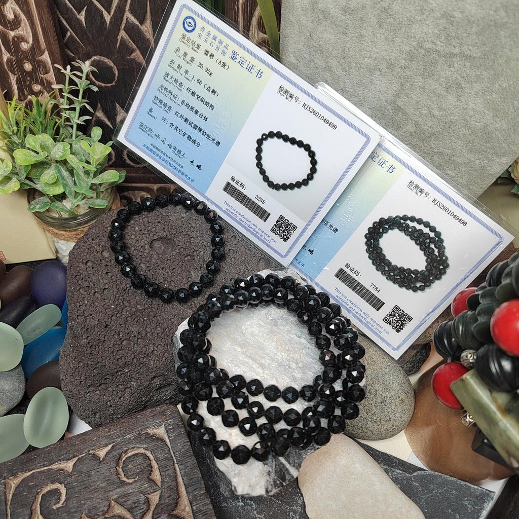 Burmese Black Jadeite Necklace Bracelet Set | Diamond-Cut Beads SL511 SL Precious