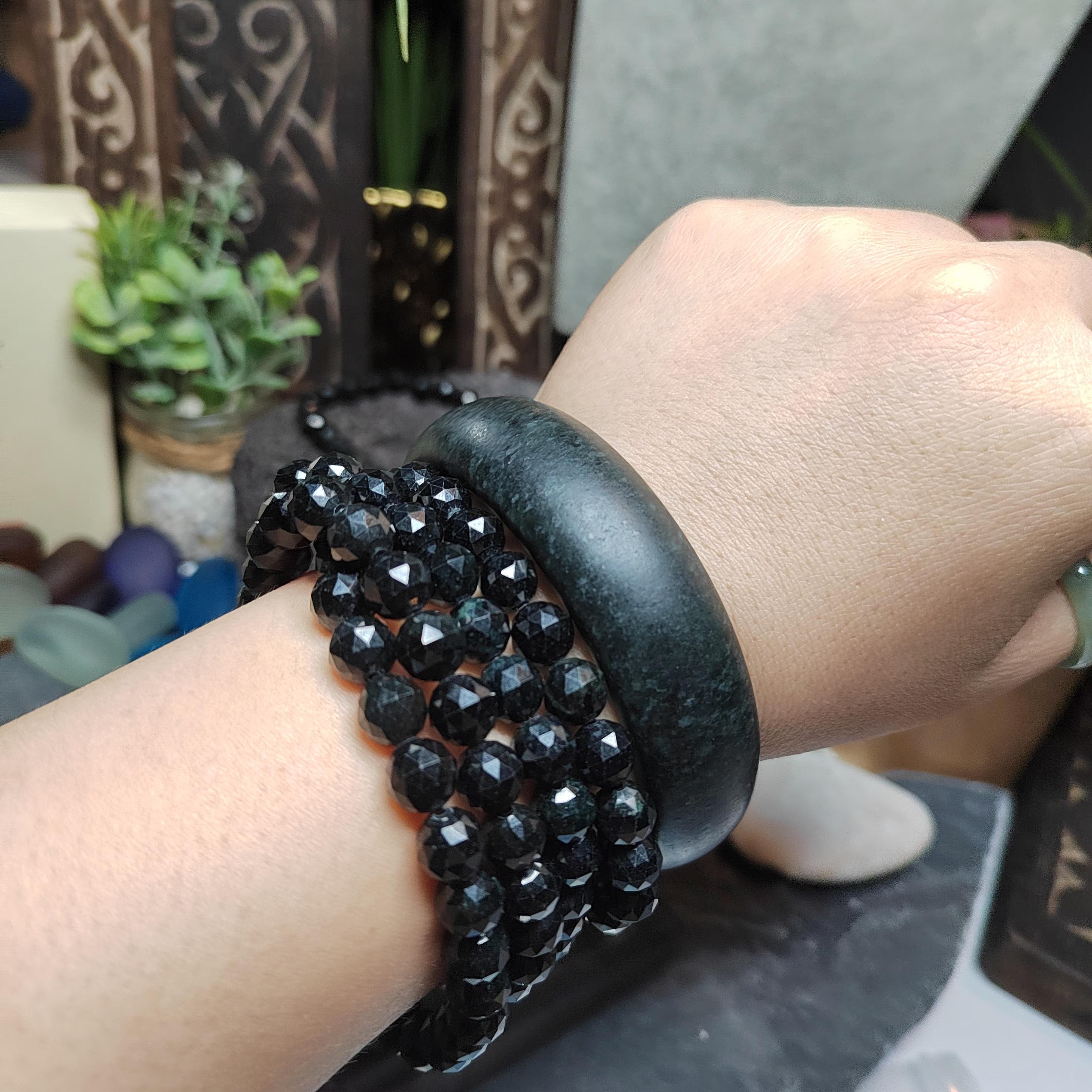 Burmese Black Jadeite Necklace Bracelet Set | Diamond-Cut Beads SL511 SL Precious