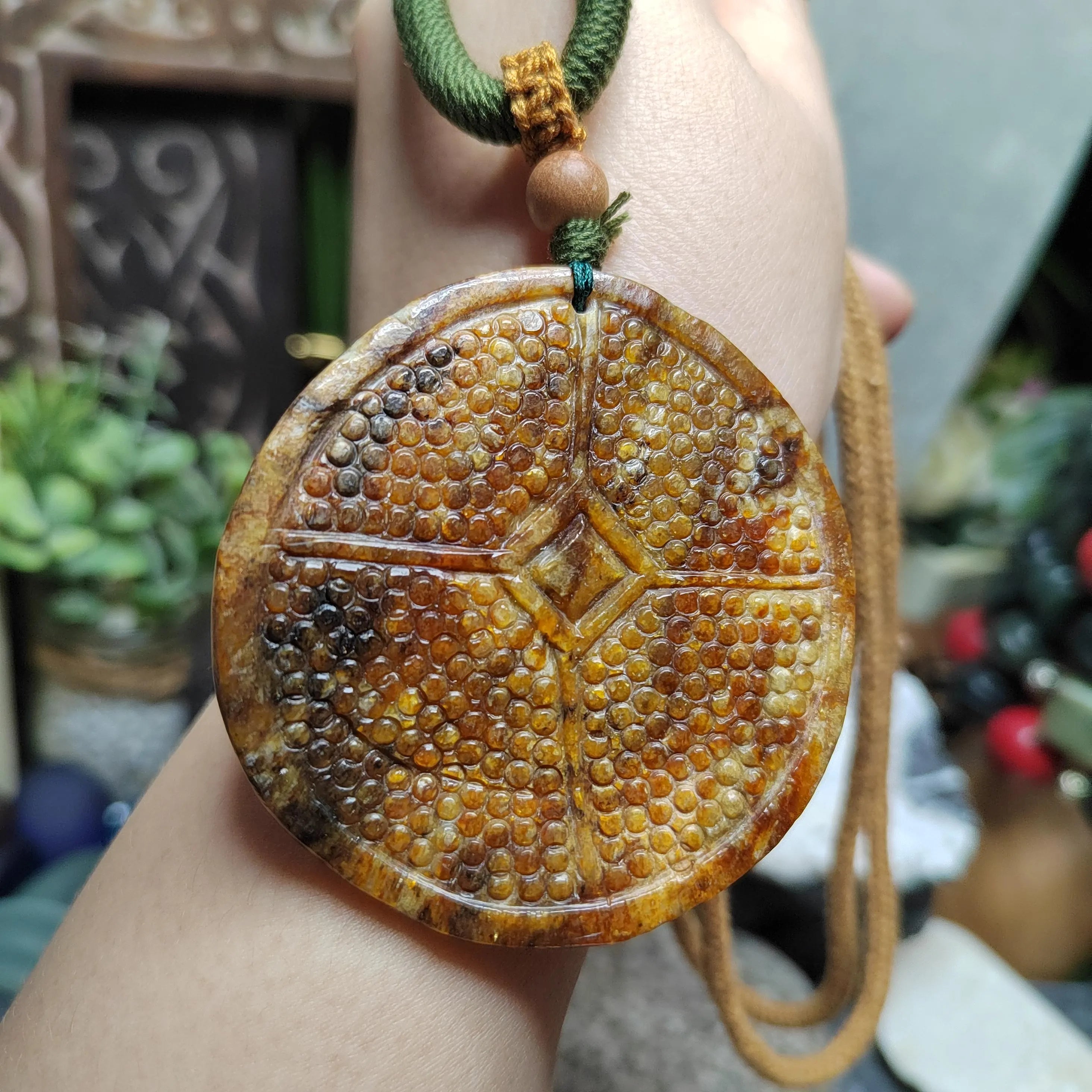 Certified Natural Hemo Jade Round Honeycomb Heaven‑Earth Design Pendant |段树林河磨玉老油黃皮火燎皮 SL487 SL Precious