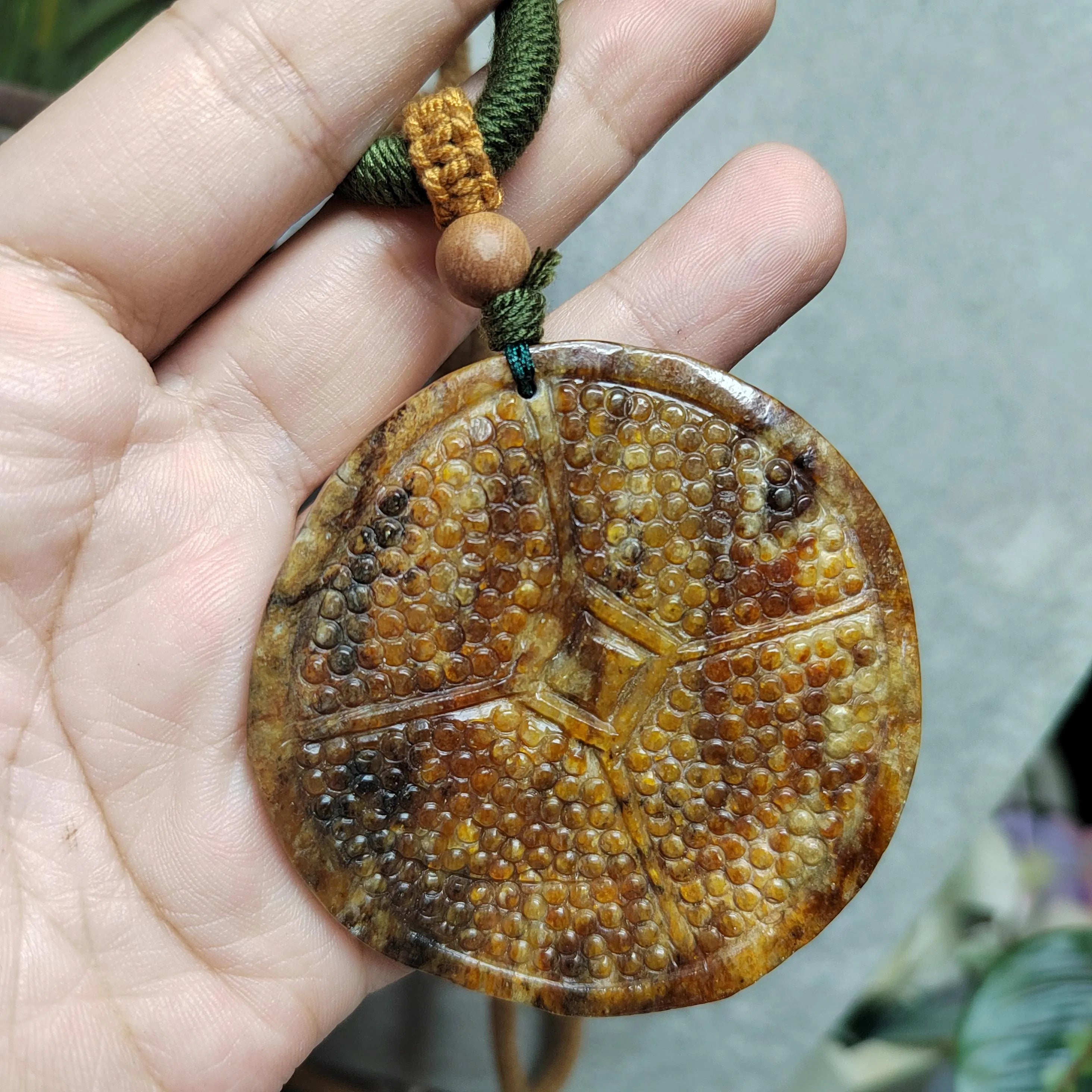 Certified Natural Hemo Jade Round Honeycomb Heaven‑Earth Design Pendant |段树林河磨玉老油黃皮火燎皮 SL487 SL Precious
