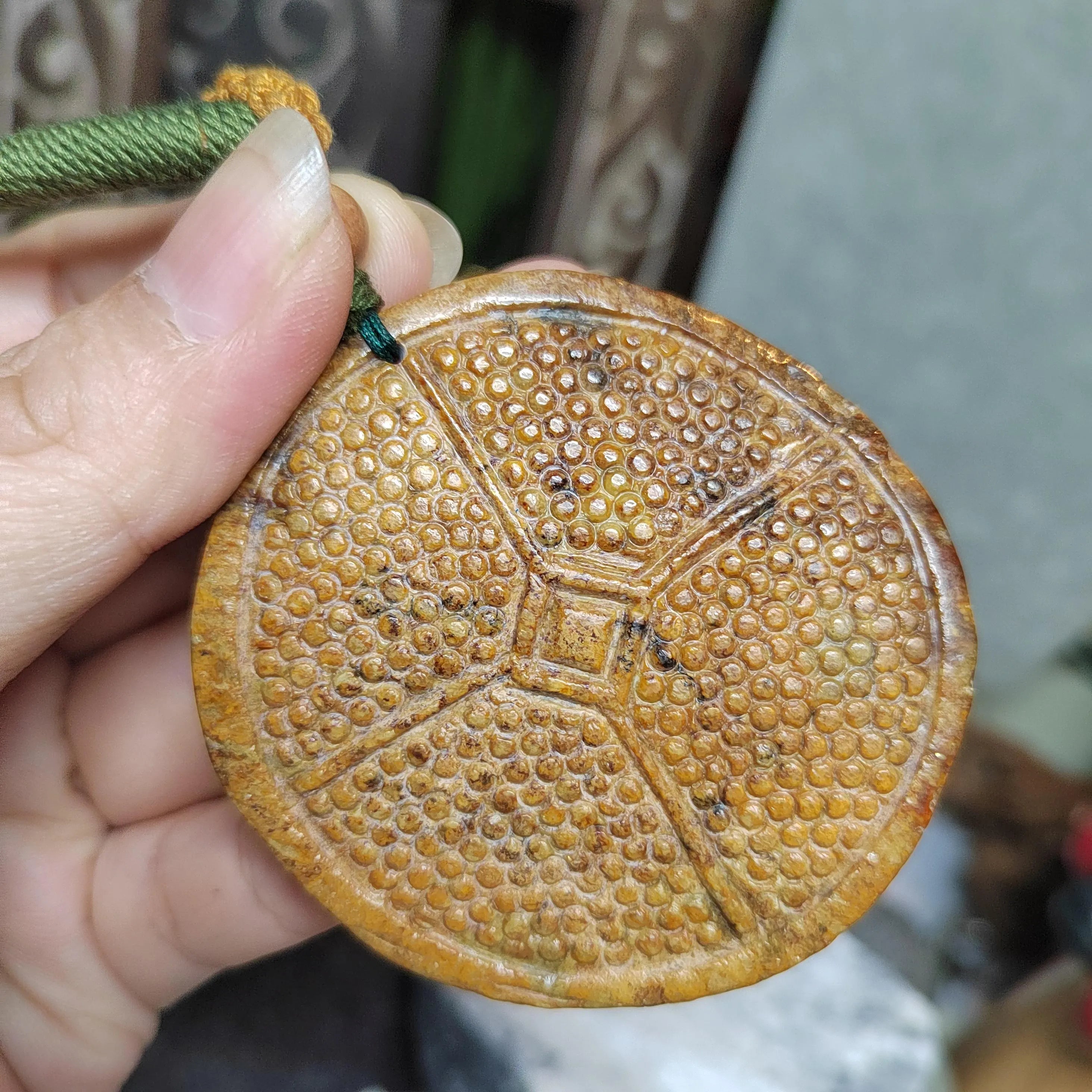 Certified Natural Hemo Jade Round Honeycomb Heaven‑Earth Design Pendant |段树林河磨玉老油黃皮火燎皮 SL487 SL Precious