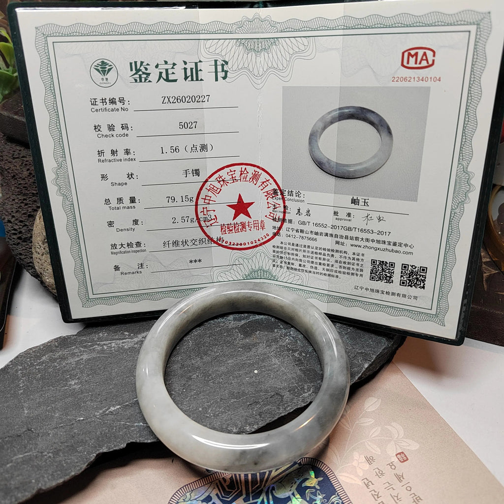 Certified Natural Xiuyan Jade Bangle | White‑Grey Floating Flower (64mm) SL178 SL Precious