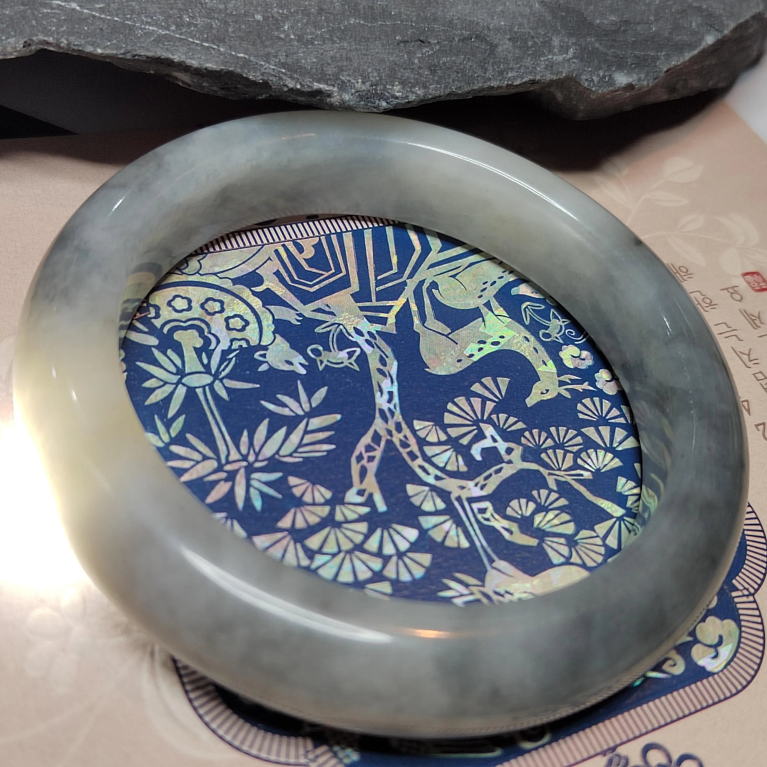 Certified Natural Xiuyan Jade Bangle | White‑Grey Floating Flower (64mm) SL178 SL Precious
