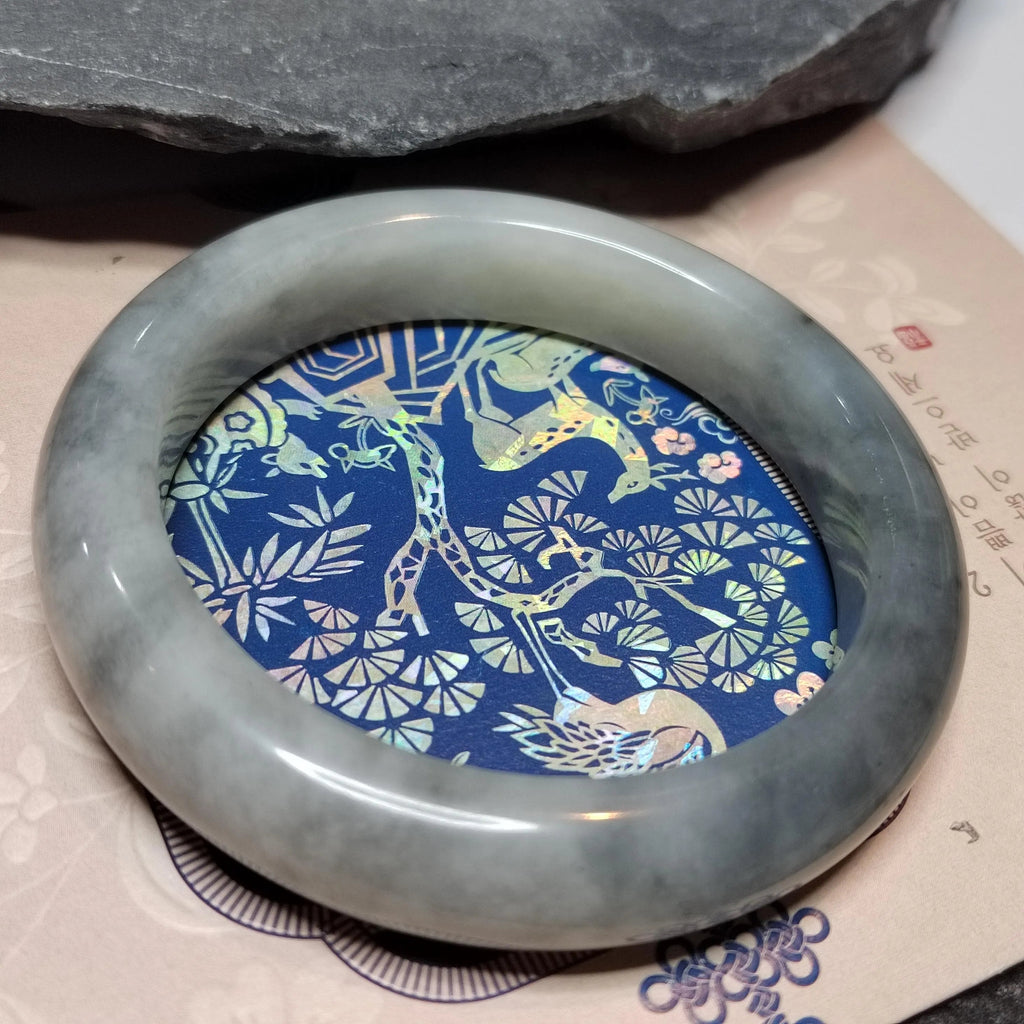 Certified Natural Xiuyan Jade Bangle | White‑Grey Floating Flower (64mm) SL178 SL Precious
