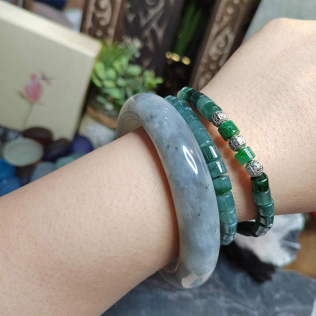 Certified Natural Xiuyan Jade Bangle | White‑Grey Floating Flower (64mm) SL178 SL Precious