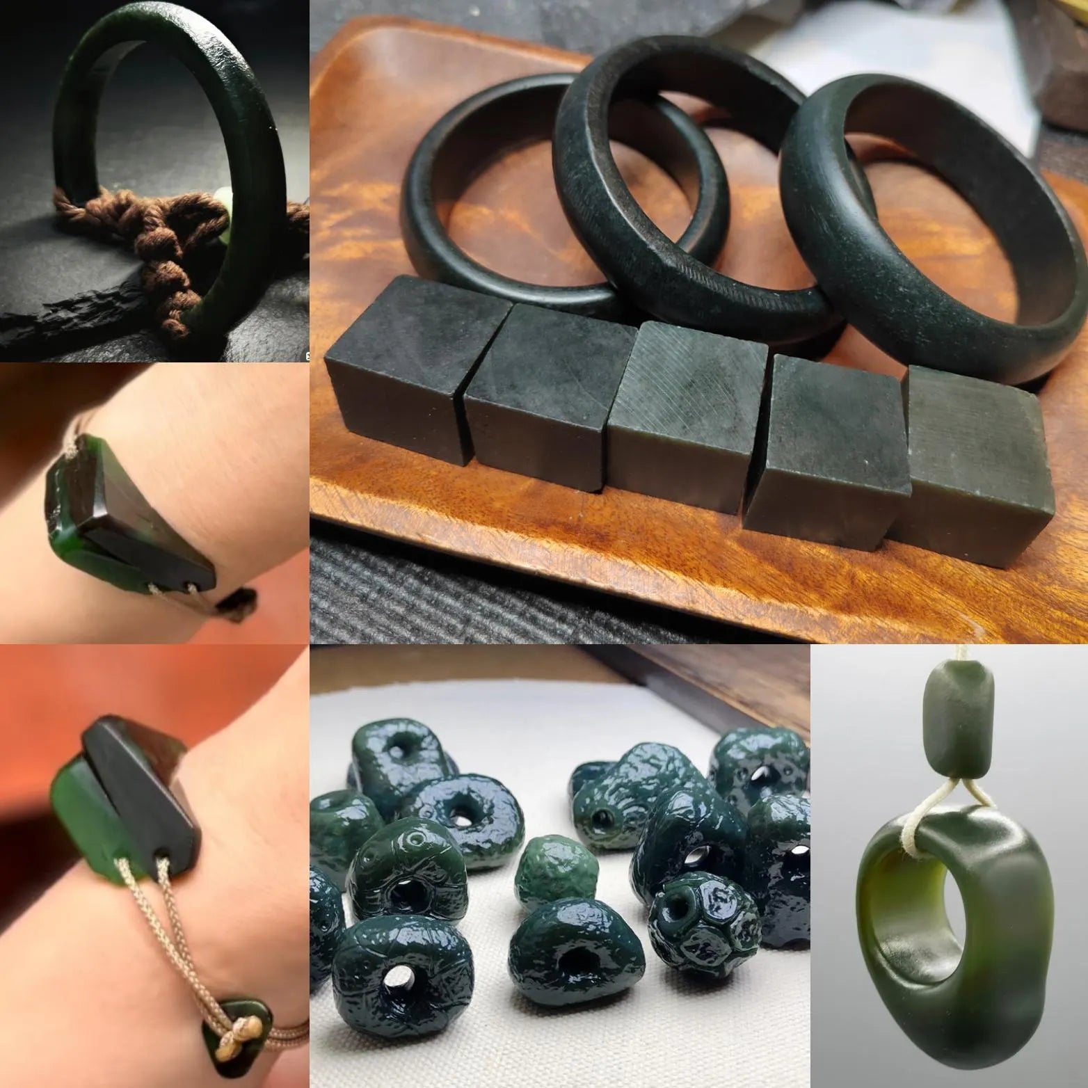 Natural DIY Nephrite Jade 半成品 Offcuts · 3 Bangles + 5 Squares · 368g Deep Green | SL544 SL Precious