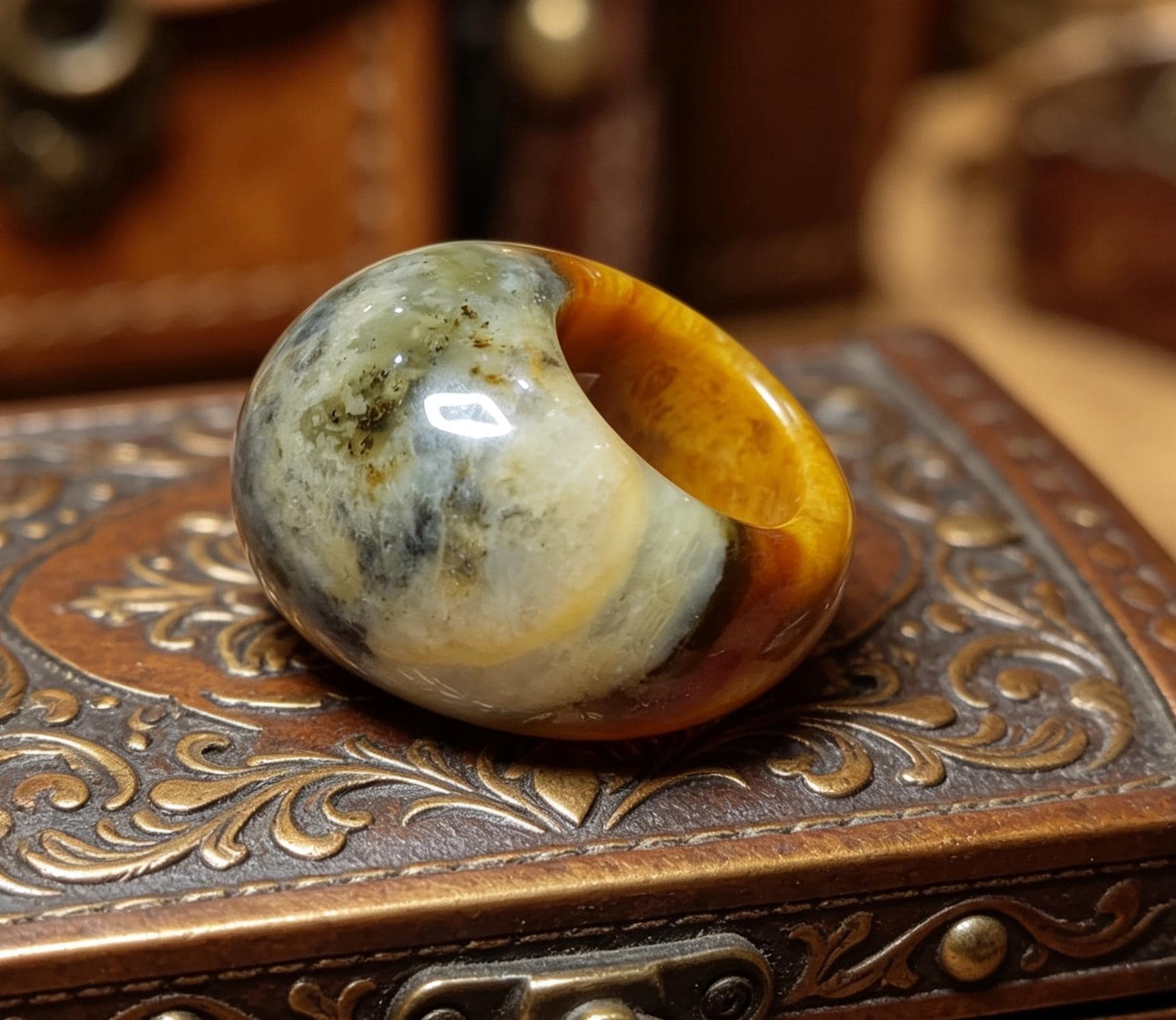 Certified Natural Xiuyan Jade Ring “Swad Head Serenity"Inner 17.5 mm (US 7.5)  SL585 SL Precious