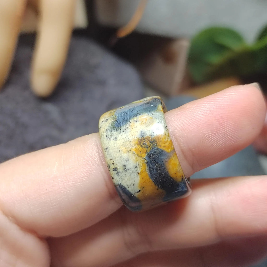 Hand holding a stone with yellow and black patterns