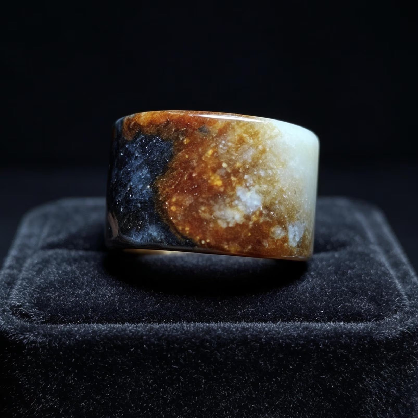 Ring with a multicolored stone on a black cushion against a dark background