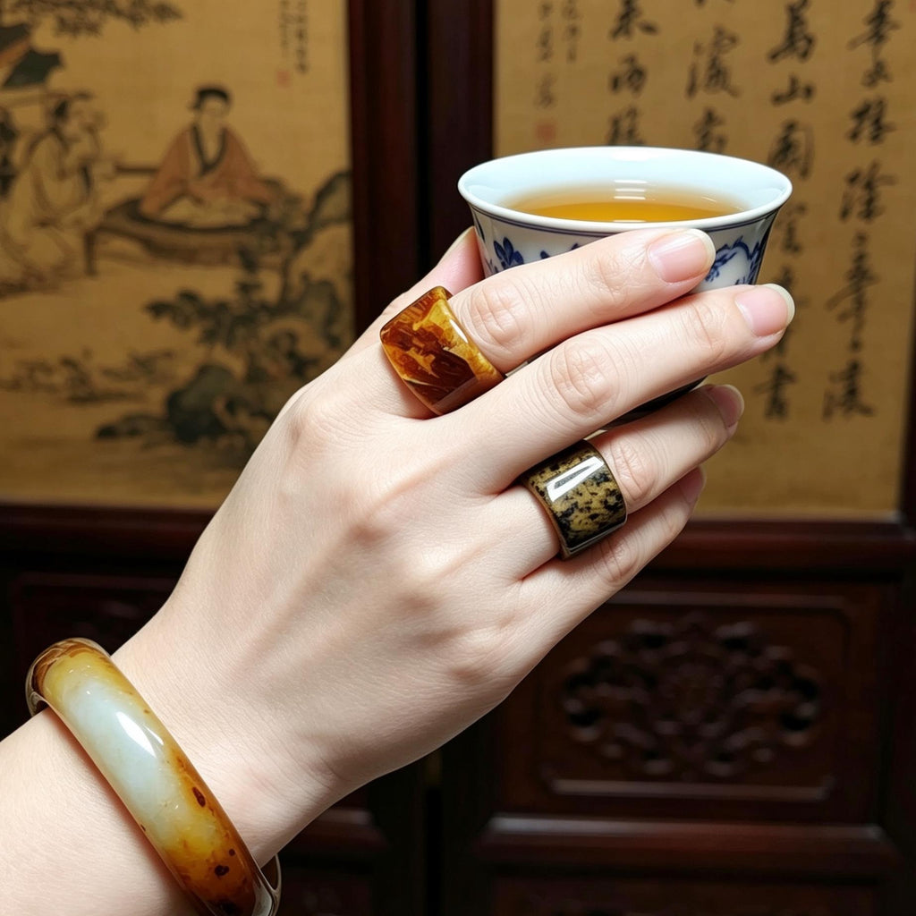 Certified Natural Xiuyan Jade Ring “Earth & Amber Harmony” |SL600A 17.8 mm (US 8) or SL600B 17.6 mm (US 7.75) SL Precious