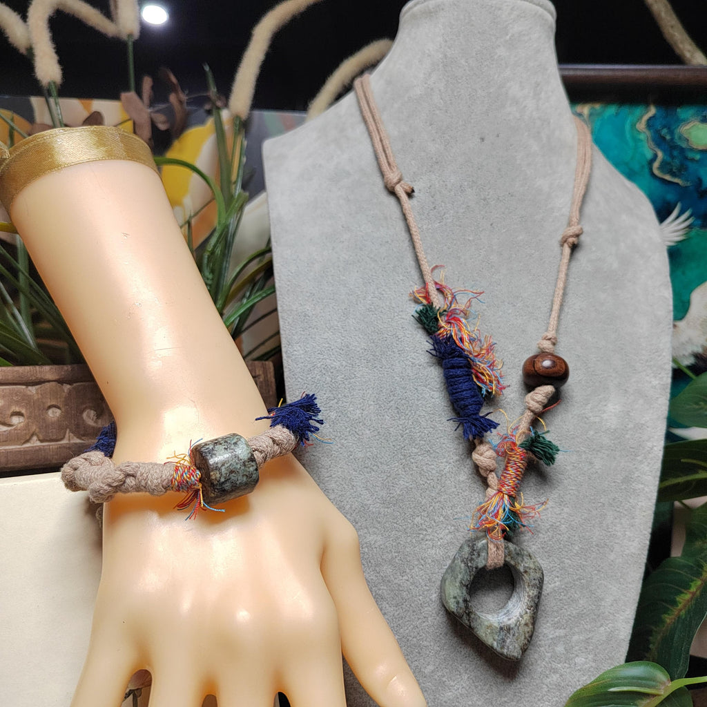 Certified Natural 2‑Piece Set Hemo Jade Ring/Pendant Adjustable Necklace | Barrel Bead Bracelet SL602 SL Precious