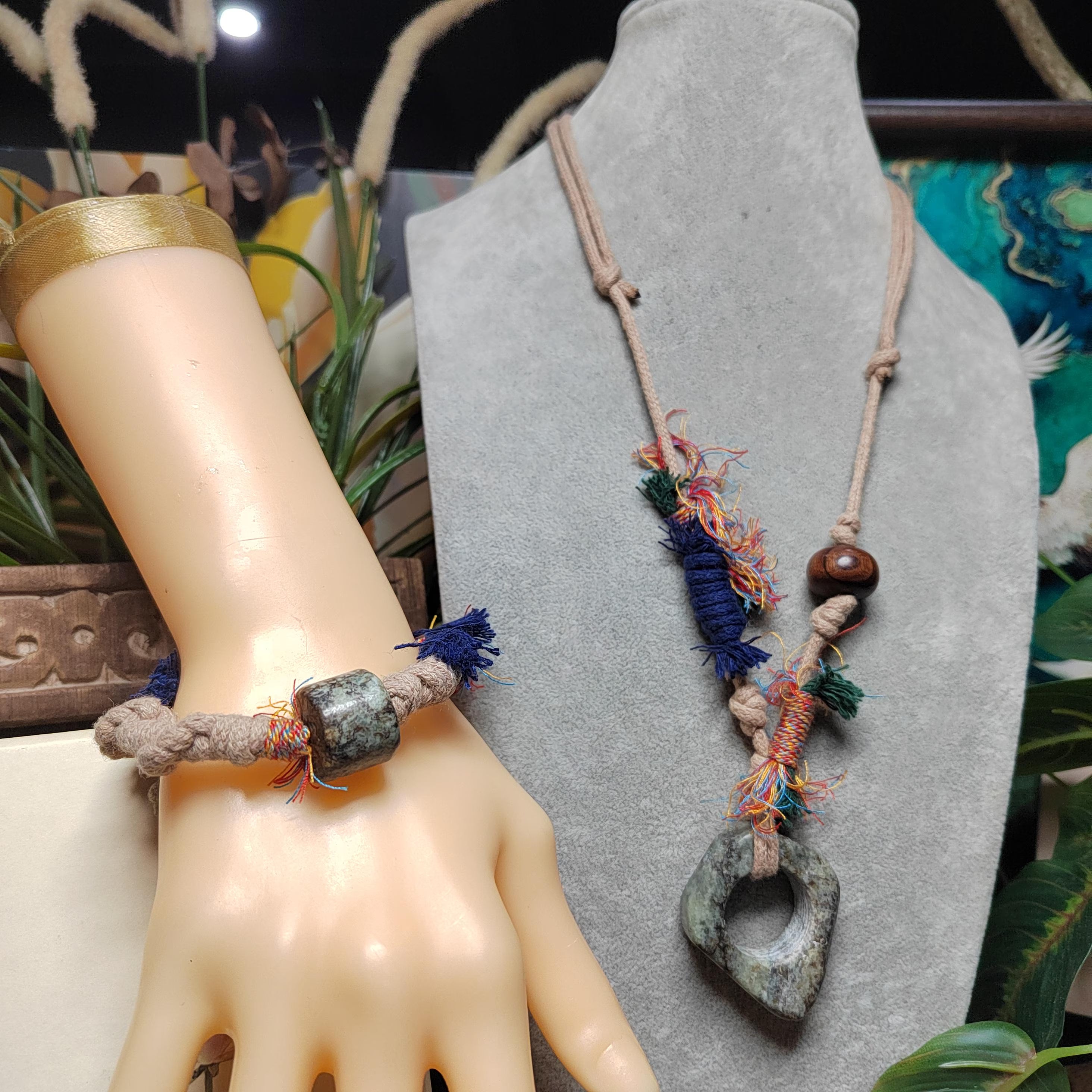 Certified Natural 2‑Piece Set Hemo Jade Ring/Pendant Adjustable Necklace | Barrel Bead Bracelet SL602 SL Precious