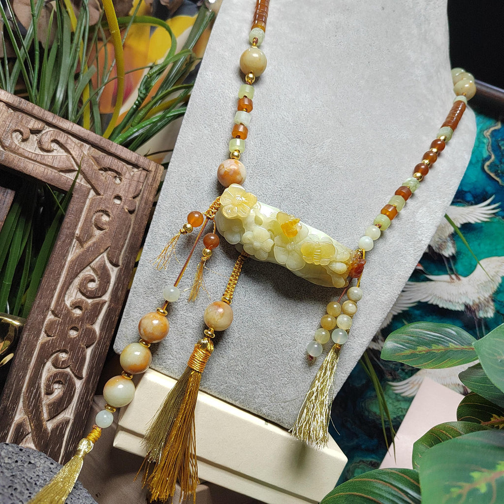 Certified Natural Xiuyan Jade King Stone “Butterflies, Plum Blossoms & Bamboo” Pendant Necklace | SL605 SL Precious