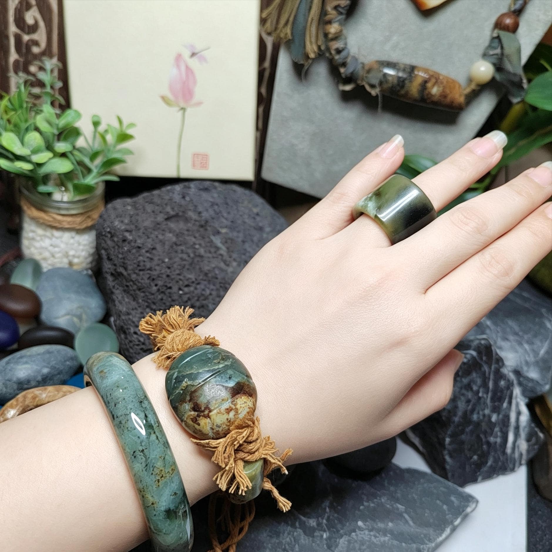 Certified Natural Xiuyan Jade Ring “Emerald Mist Strength” | Inner 18.6 mm  (US 8.75)  SL598 SL Precious