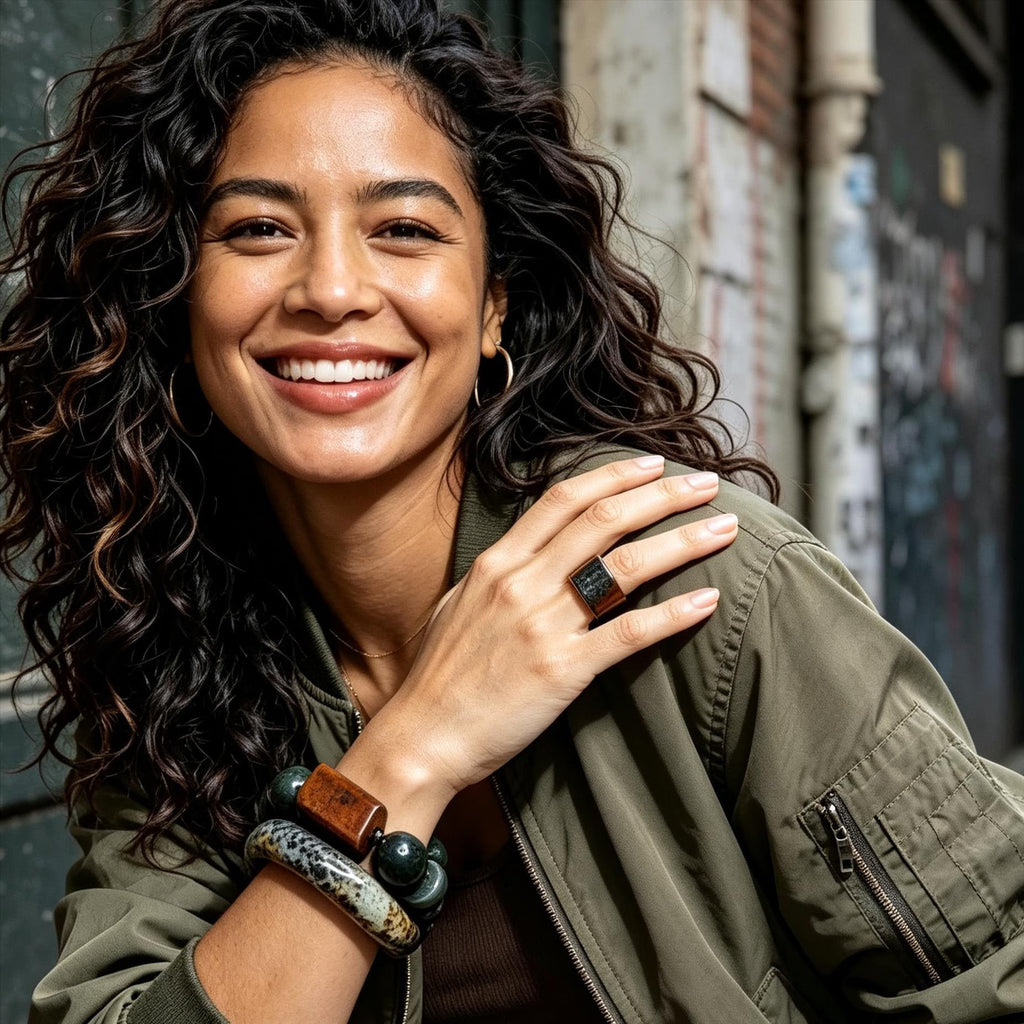 Woman wearing a green jacket with jewelry, standing against an urban wall.