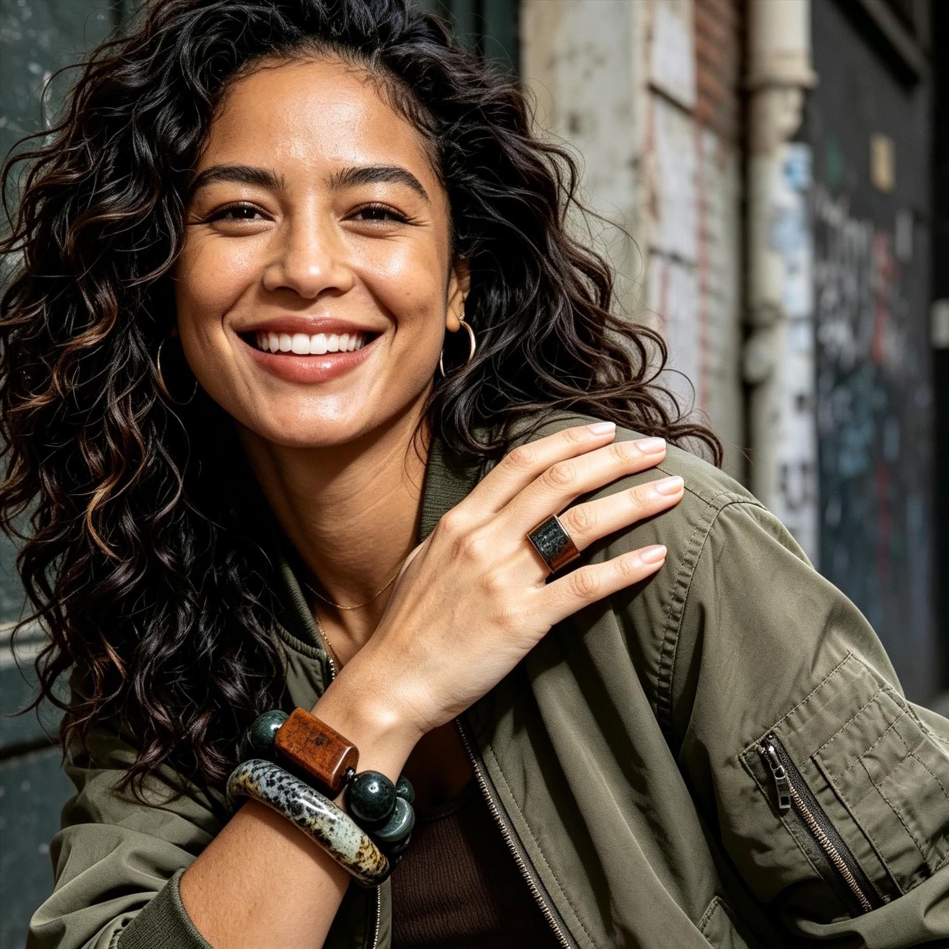 Woman wearing a green jacket with jewelry, standing against an urban wall.