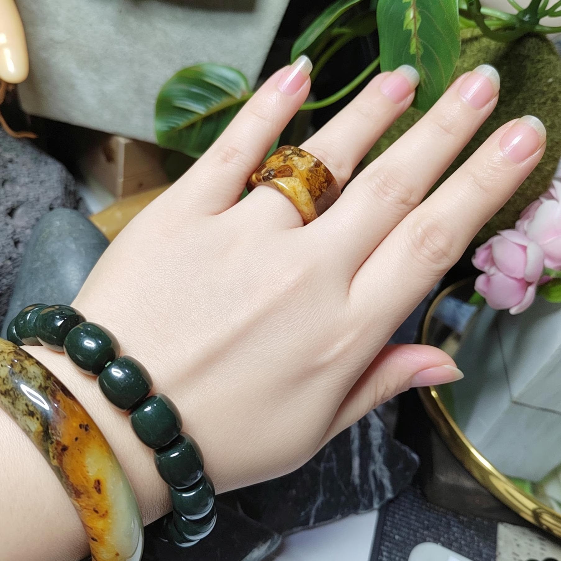 Certified Natural Xiuyan Jade Ring “Earth & Amber Harmony” |SL600A 17.8 mm (US 8) or SL600B 17.6 mm (US 7.75) SL Precious