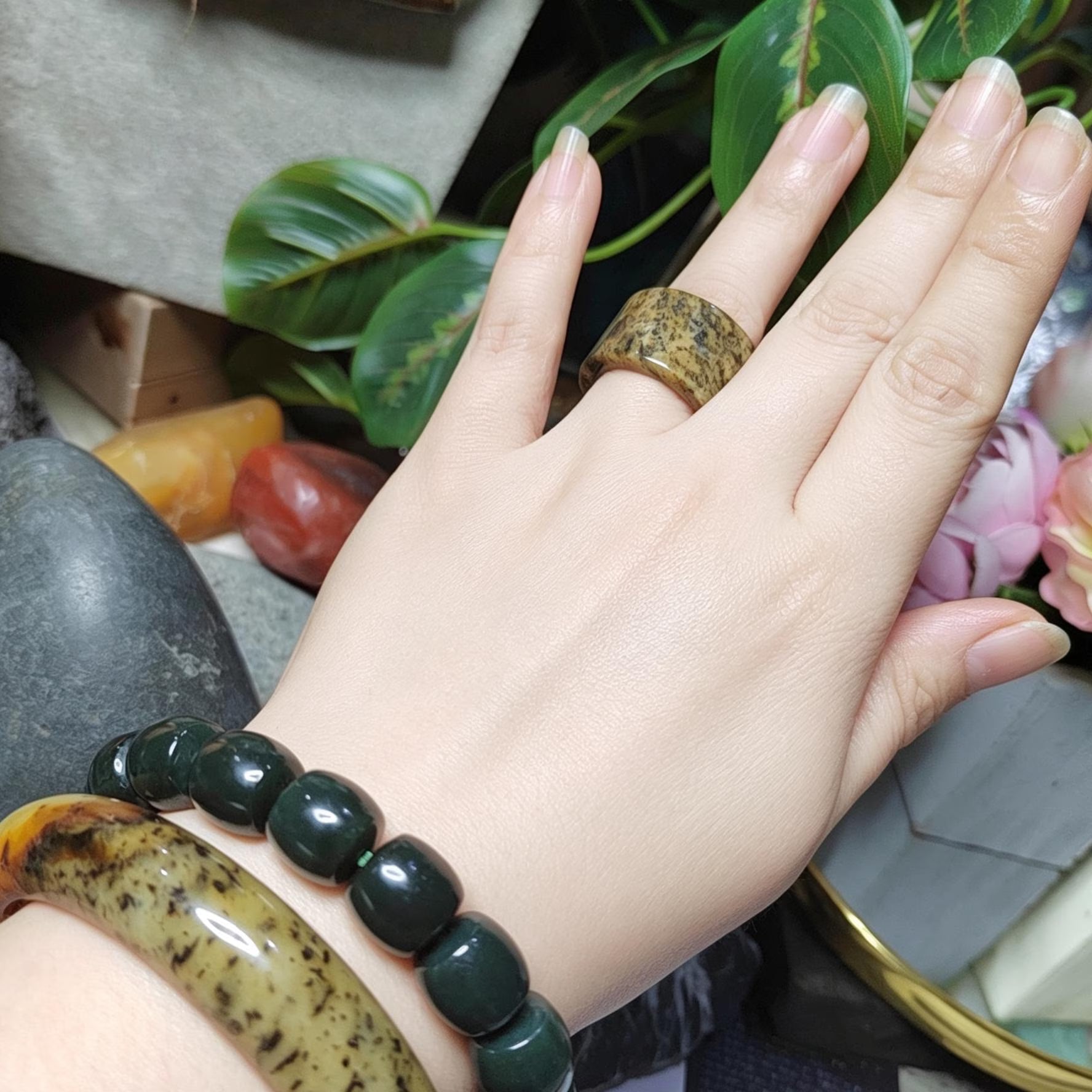 Certified Natural Xiuyan Jade Ring “Earth & Amber Harmony” |SL600A 17.8 mm (US 8) or SL600B 17.6 mm (US 7.75) SL Precious