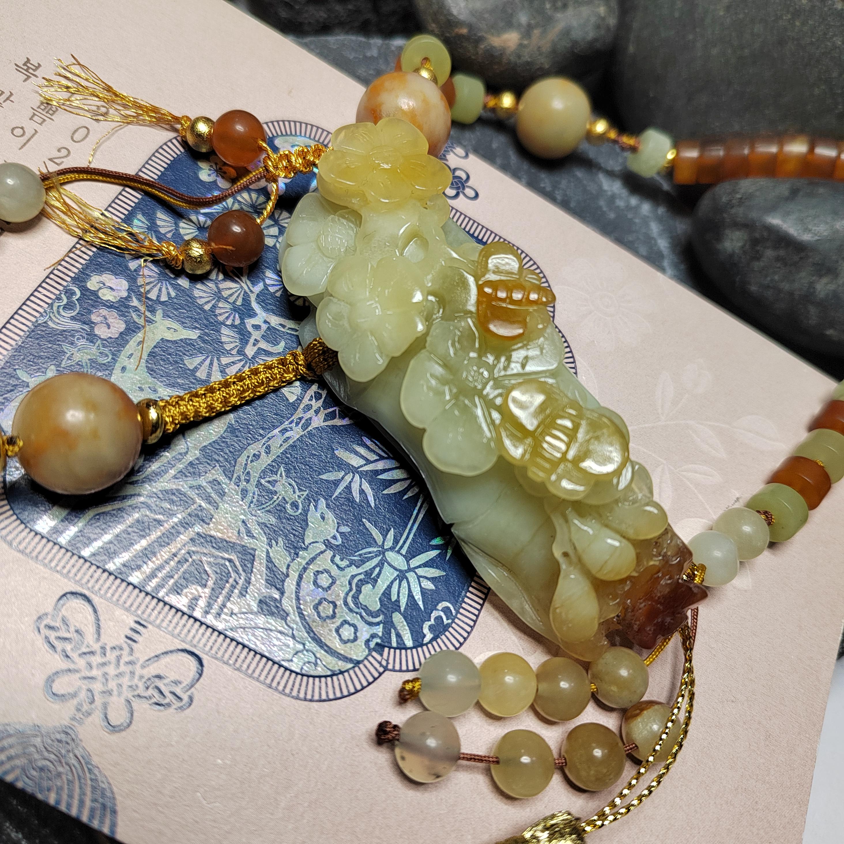 Certified Natural Xiuyan Jade King Stone “Butterflies, Plum Blossoms & Bamboo” Pendant Necklace | SL605 SL Precious