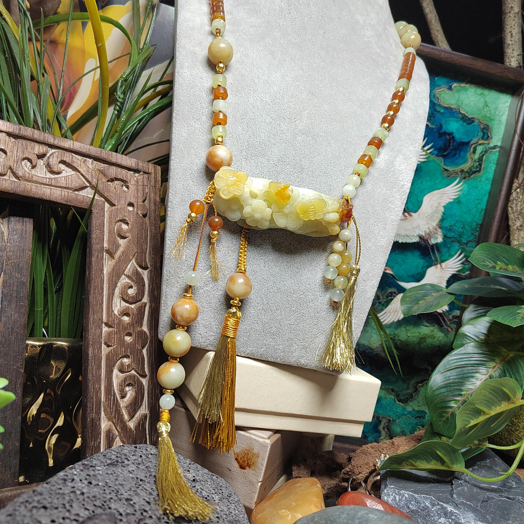 Certified Natural Xiuyan Jade King Stone “Butterflies, Plum Blossoms & Bamboo” Pendant Necklace | SL605 SL Precious