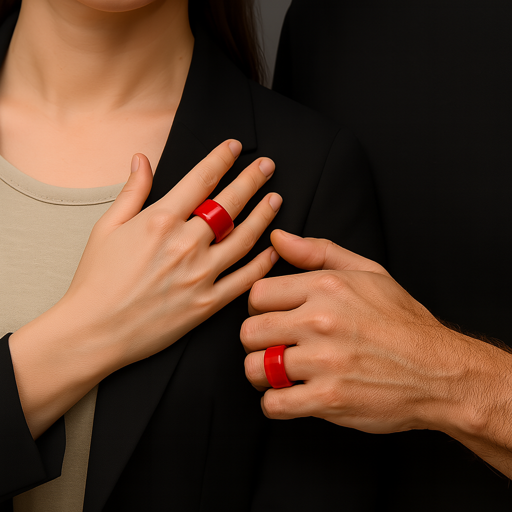 Two hands wearing red rings on a neutral background