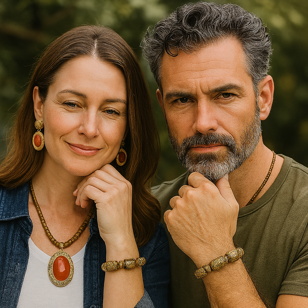 Man and woman posing together with a blurred green background