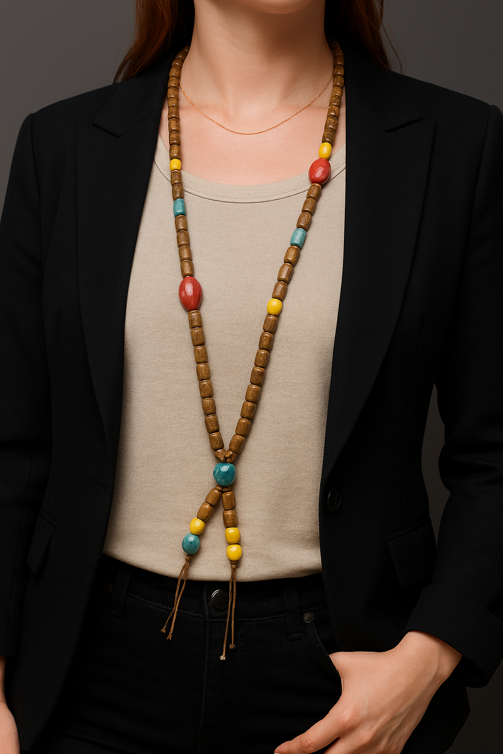 Person wearing a long beaded necklace with colorful beads on a plain background