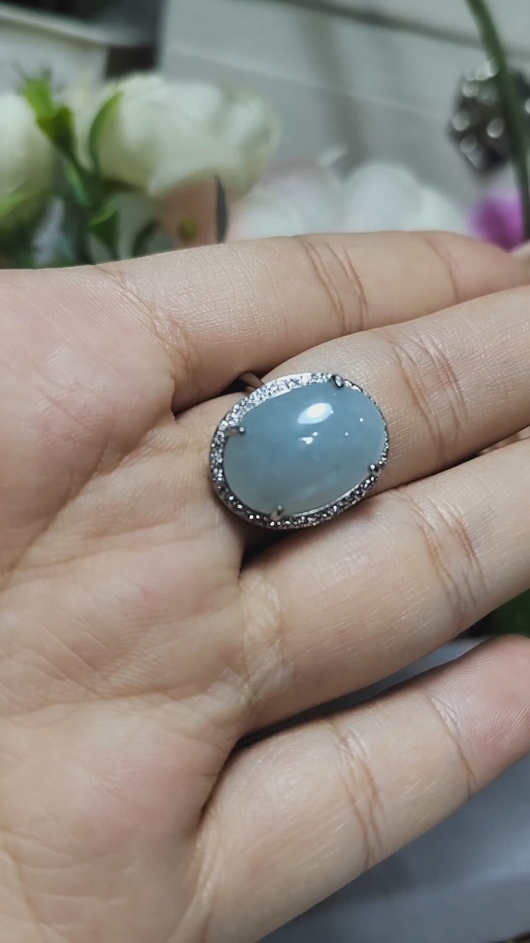Burmese A-Grade Natural White Icy Blue Jadeite Ring | Floral Zirconia Adjustable SL085