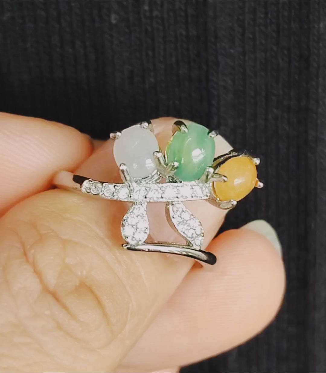 3 Colors Certified Natural Gemstone Untreated Burmese Jadeite Elegant Lower Leaf Yellow, Green, White with Zircon Accents S925 Ring SL134