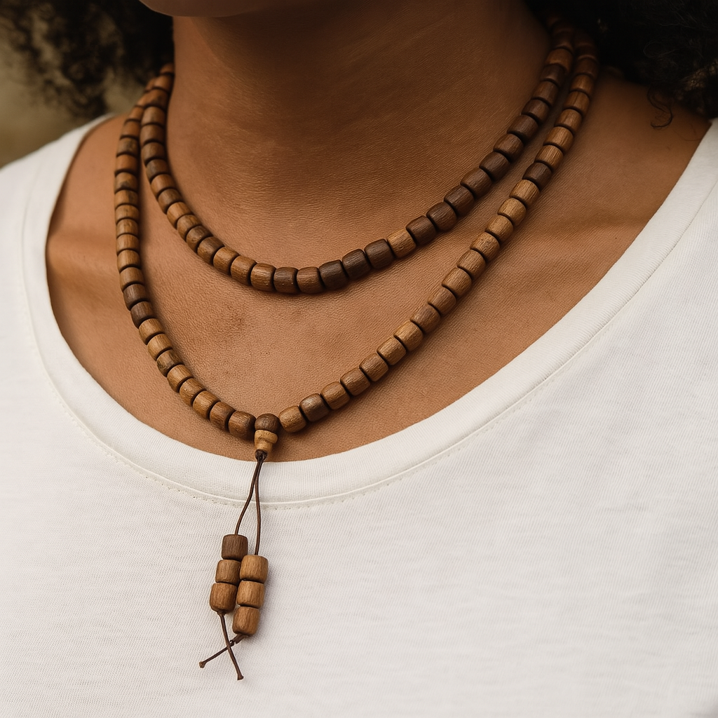 Fusen Red Earth Agarwood mala worn as a layered necklace with premium sinking beads.