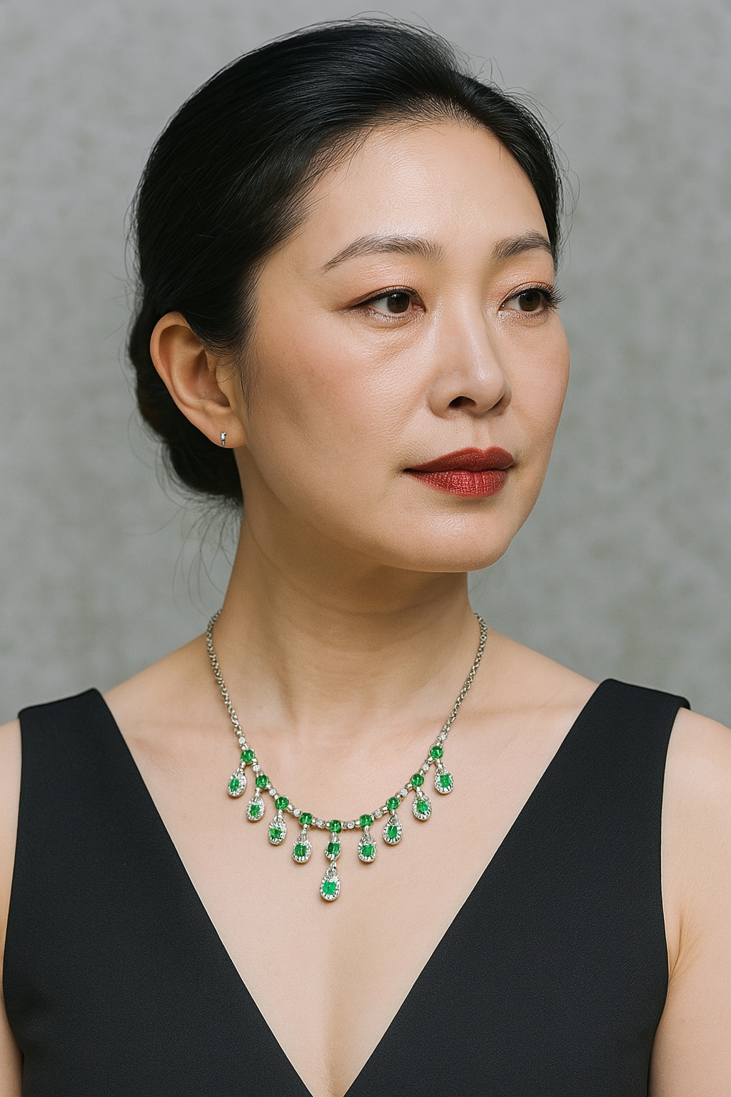 Woman wearing a green necklace against a gray background