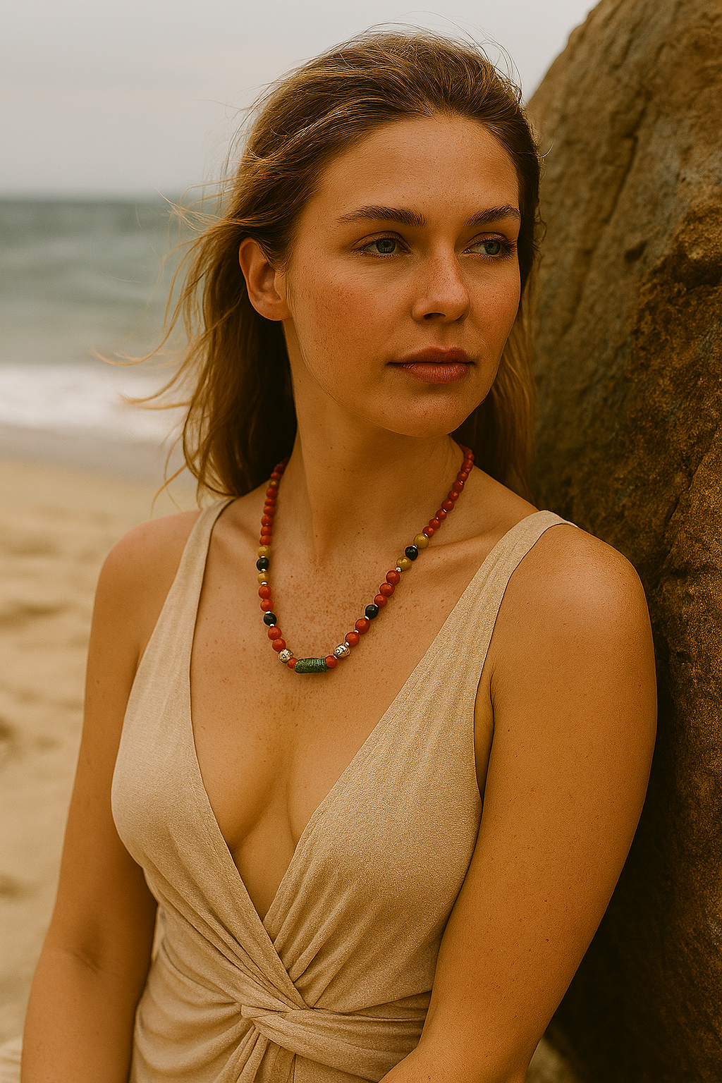 Woman in a beige dress standing on a beach with a necklace