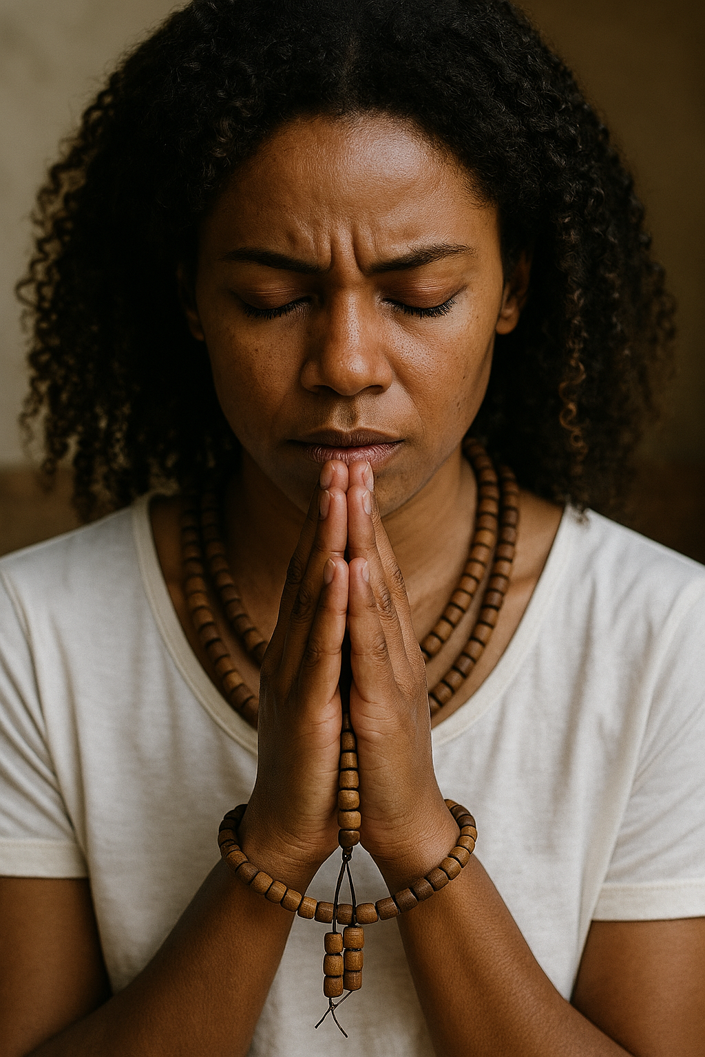 Fusen Red Earth Agarwood mala worn by a woman with curly hair in a prayer pose, showcasing its 108 premium sinking beads.